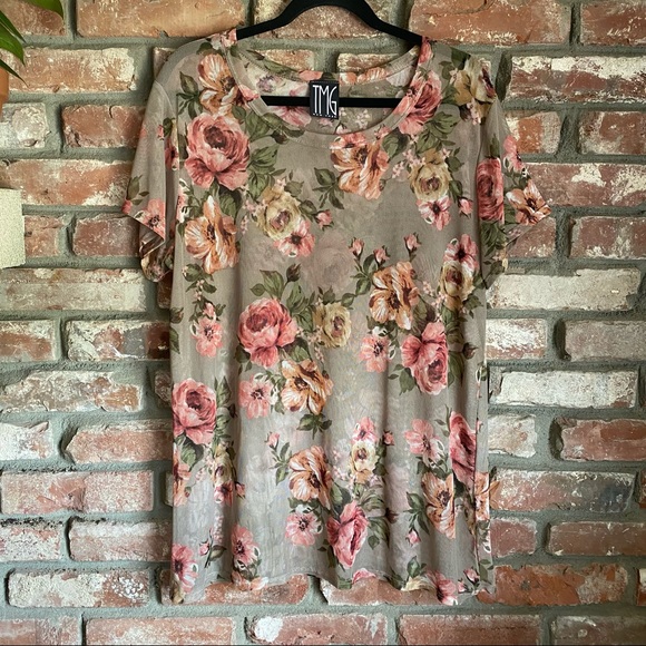 TMG New York Tops - Sheer Mesh Floral Short Sleeve Blouse